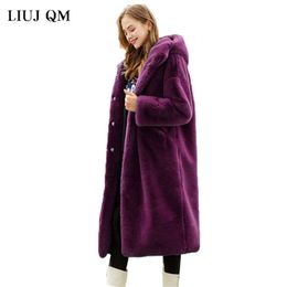 Oversized Winter Warm hooded Jacket women Thicken Long Coat Solid color Faux Fur Coat Women Casual Women Fur Faux Jacket Outwear 210928