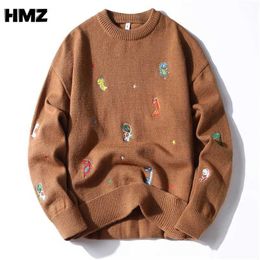 HMZ Winter Knit Embroidery Sweater Men Harajuku Hip Hop Streetwear Pullover Jumper Men Clothing Fashion Cartoon Couple Sweaters 211109