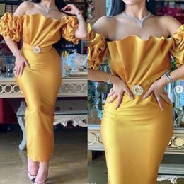 Sexy Gold Tea Length Sheath Prom Dresses 2021 Ruffles Off Shoulder Short Evening Gowns For Women Straight Special Occasion Party Wear Satin Custom Made