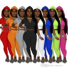 Summer Women Hooded Tracksuits Two Pieces Pants Set Designers 2021 Solid Colour Zipper Short Sleeve Leggings Jogging Suits 8 Colours