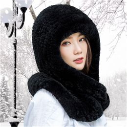 One Set Real Rabbit Fur Scarf and Hat Warm Hooded Knitted Shawl Wrap Collar Cap
