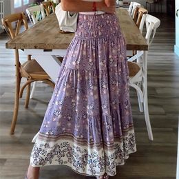 Summer New Women's Printing Skirts Elastic High Waist Long Skirt Floral Pleated A-line Boho Skirts Chic Mujer Maxi Skirts 210310