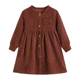 Infant Kids Baby Girls Casual Long Sleeve Dress Fashion Solid Colour Round Neck Single-breasted A-line Dress Q0716