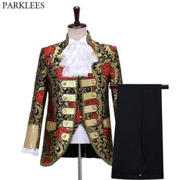 Men's Luxury Floal Suit Set Gothic Style Palace Aristocrat Suits Men Chorus Drama Outfit Male Stage Prom Cosplay Party Costume X0909