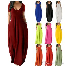 Women Loose Maxi Dress Solid Sexy v Neck Short Sleeve Long Dress with Pocket Summer Casual Beach Sundress Clothing Plus Sizes S-5xl