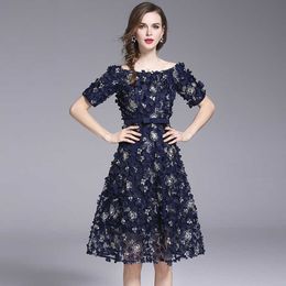 Women Summer Designer Elegant Flowers Embroidered Sexy Cocktail Party Robe High Quality Female Vintage A-Line Dress Vestidos 210525