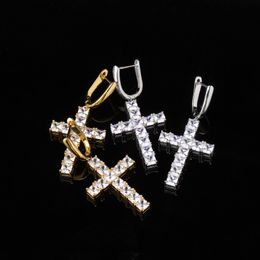 Square Yellow purple Cubic Zirconia Hiphop Cross Earrings For Mens New Fashion Gold Plated Jewelry Women Key Dangle Iced Out Diamond Hoop Earings Rings