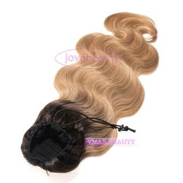 Brazilian Virgin Human Ponytail Cuticle Aligned #2/#27 Two Tone Brown Blonde Ombre Colour 120g Body Wave Clip Drawstring Hair Extensions