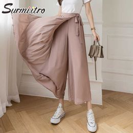 SURMIITRO Wide Leg Long Pleated Skirt Pants Women Summer Korean Style Chiffon High Waist Ankle Trousers Female 210712
