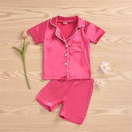 Summer Children Sets Casual Silk Short Sleeve Single Breasted T-shirt Rose red shorts 2Pcs Girls Clothes 1-6T 210629