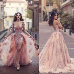 Over Saudi Arabic Skirt Mermaid Evening Dresses Top Quality Sheer Backless V Neck Appliques With Capes Long Prom Party Split Gowns