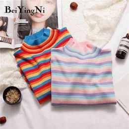 Beiyingni Spring Autumn Long Sleeve Knit Sweater Women Stripe Cute Hit Colour Casual Pullover Tops Female Basic Ulzzang Jumper 210810