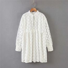 women floral embroidery turtleneck white za lace stylish mini dresses chic lady summer puff sleeve high waist loose dress 210309
