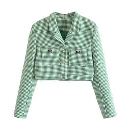 Women's Suits & Blazers YENKYE Fashion Women Vintage Green Houndstooth Cropped Blazer Mujer Notched Collar Long Sleeve Suit Jacket Ladies Ch