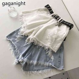 Casual Summer Women Jeans Shorts High Waist Sashes Pocket Denim Sexy Girls Ripped Wide Leg Short S-L 210601