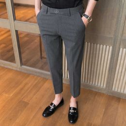 Summer Casual Pants Men Slim Fit Business Dress Pants Crown Embroidery Office Social Streetwear Ankle Length Trousers Grey 210527
