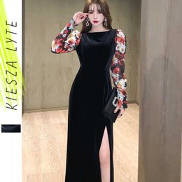 Velvet Dress Long Sleeve Printed Spliced Black es Spring Sexy Year Party 210608