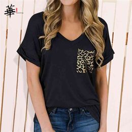 High Quality Tops Basic Plain Shirts for Women Oversized T shirt Top Leopard Pocket Plus Size Clothing Woman Tshirts 210720