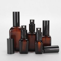 15 25 35 50 100ML Empty Refillable Square Shaped Amber Glass Lotion Pump Bottles Portable Cosmetic Cream Lotion Container Dispenser SN2511