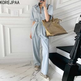 Korejpaa Women Jumpsuits Summer Korean Chic Retro Casual Lapel Single-Breasted Lace-Up Waist Short-Sleeved Denim Jumpsuit 210526