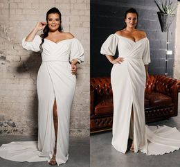 Simple Beach Cheap Dresses Plus Size Off Shoulder Boho Front Split Puffy Sleeves Pearls Sashes Bohemian Wedding Dress Bridal Gowns