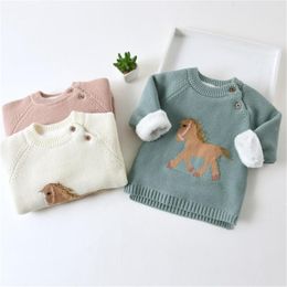Knitted Baby Clothes Girls Sweater Infant Clothing Newborn Baby Boy Sweaters Thick Fleece Unicorn Kids Sweaters Toddler Cardiagn 210308
