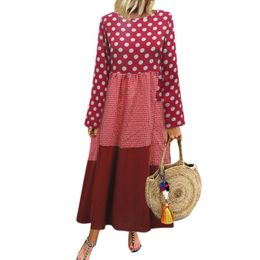 Casual Dresses Ladies Party Maxi Dress Women Long Sleeve Polka Dot Patchwork