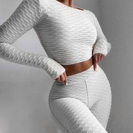 Stretch Solid Yoga Set O Neck Long Sleeve Crop Top+Elastic High Waist Skinny Pants Casual Women Tracksuits Sportwear Summer 210604