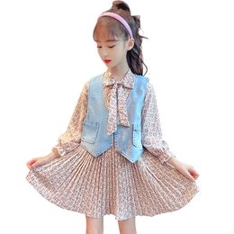 Children Clothes Denim Vest + Floral Dress Costume For Girls Spring Autumn Girl Set Casual Style Tracksuit Kids 210527