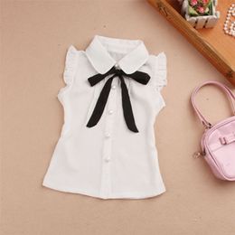 Girls Summer Top Children Sleeveless White Blouses Black Bow Shirts for Teenage School Girl Chiffon Lace Blouse 2-16 Years 210306