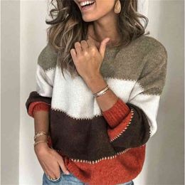 Women TurtleneckStreetwear Knitted Striped Ladies Sweater Elegant Jumper Long Sleeve O-neck Pullover Tops Autumn Sweaters 210914