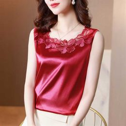 Summer Korean Fashion Silk Women Tank Top Lace Satin Sleeveless s Tops Plus Size XXXL Black for 210531
