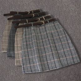 Winter Plaid A-Line Sashes Women Skirt High Waist Above Knee Casual Vintage Office Work Ladies Korean Empire Mini Skirts Belt 210309