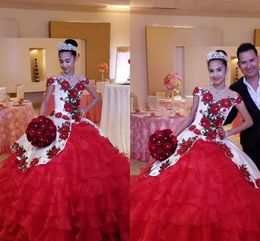 Gothic White And Red Quinceanera Dresses Mexican Style Floral Embroidered Appliques Ruffles Organza Off Shoulder Charro Sweet 16 Dress 15