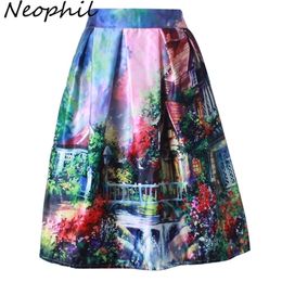 Neophil Retro Fashion Building Floral View Print Pleated High Waist Ball Gown Midi Skater Short Skirts Women Saia S1607026 210310