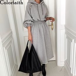 Colorfaith New Spring Autumn Women Dresses High Waist Oversize Hooded Minimalist Elegant Wild Warm Lady Long Dress DR1281 210309