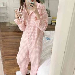 Plaid Cotton Ins Fashion Long Sleeve Sleepwear Girls Sweet Lovely Loose Pyjamas Women Cute Home Wear Jumpsuit 210525