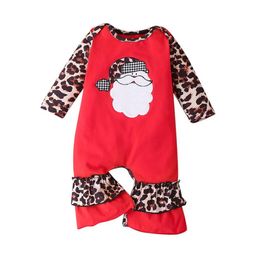 Leopard Girls Long Sleeve Jumpsuits Christmas Baby Rompers Santa Claus Children Playsuits Baby Boutique Clothes Xmas Clothing BT6047