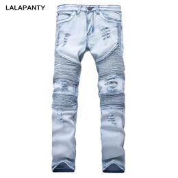 Jeans abbigliamento lalapanty slp blu/nero distrutto da uomo slim jeans motociclista di jeans skinny maschi strappato