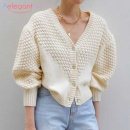 Aelegantmis Elegant Stylish V Neck Knitted Cardigan Sweater Women Oversized Long Sleeve Outerwear Ladies Casual Knit Sweaters 210607
