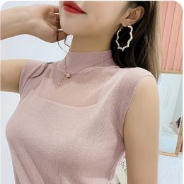 Half High Collar Sexy Tank Tops Women Sleeveless Knitted Vest Female Elasticity Solid Slim Pullover 2021 Summer Solid Bottoming 210308