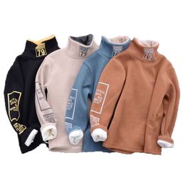 Cotton Blend Boys and Girls T-Shirt Autumn and Winter Plus Velvet Thickening Fashion Turtleneck Bottoming Shirt Buy 2 Get 1 Free 210306