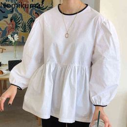 Nomikuma Women Doll Shirt Causal Puff Long Sleeve Hit Color O-neck Blouse 2020 New Korean Sweet Top Blusas Feminimos 6D595 H1230