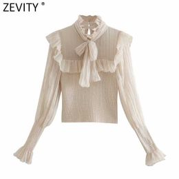 Zevity Women Sweet Pleated Ruffles Patchwork Knitting Sweater Female Bow Tied Long Sleeve Chic Pullovers Casual Slim Tops S551 210603