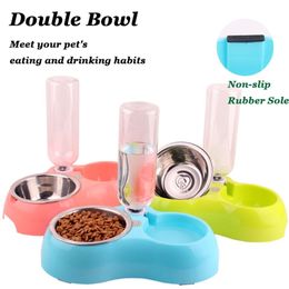 Pet Stainless Steel Dog Double Bowl Animal Feeding Bowl Detachable Drinking and Fooding Bottle Feeding Tool Bowl for Cat Dogs Y200922