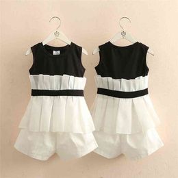 Casual 3 4 6 8 10 12 Years White Black Patchwork Chiffon Baby Kids Girls Summer Sleeveless Vest + Shorts 2 Pcs Clothing Set 210701