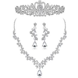 FARLENA 3PCS Bridal Jewellery sets Fashion Crystal necklace earrings and crown set for Women Wedding Accessories H1022