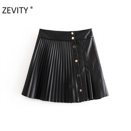 Zevity Women vintage high waist PU Leather pleated mini skirt faldas mujer ladies front buttons casual brand chic skirts QUN689 210310
