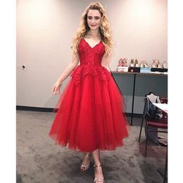Red spaghetti Cocktail Dresses Sleeveless Party Celebrity Wear tea- length Prom Gowns Club Homecoming Dress In Stock