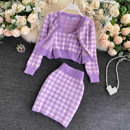 Japan Style Chic V Neck Plaid Knitted Jacket Short Long Sleeve Cardigan + Wrap Hip Skirt Mini Fashion Elegant Sexy 3piece Set 210610